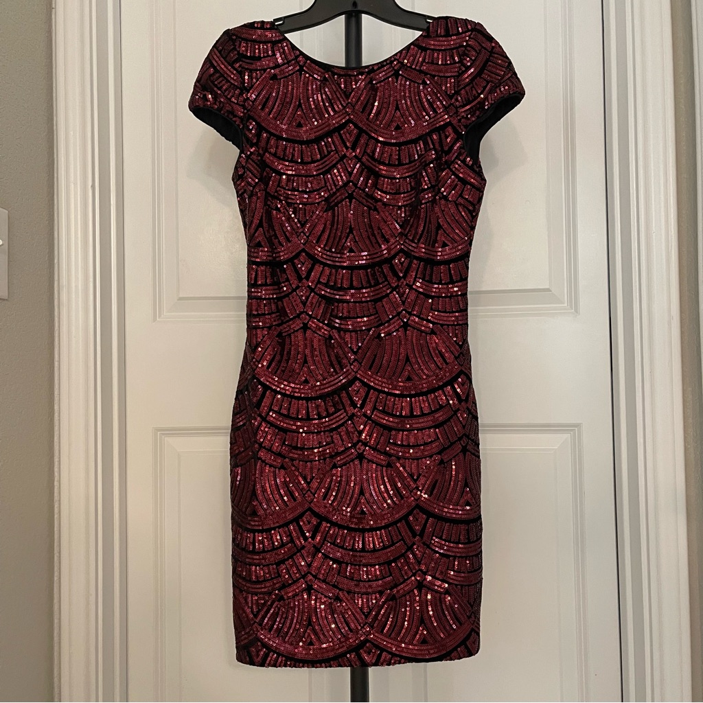 Dress The Population Tabitha Sequin Body-Con Dress, Burgundy/Black, Medium